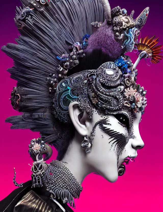 Image similar to 3 d goddess close - up profile portrait punk with mohawk with ram skull. beautiful intricately detailed japanese crow kitsune mask and clasical japanese kimono. betta fish, jellyfish phoenix, bio luminescent, plasma, ice, water, wind, creature, artwork by tooth wu and wlop and beeple and greg rutkowski