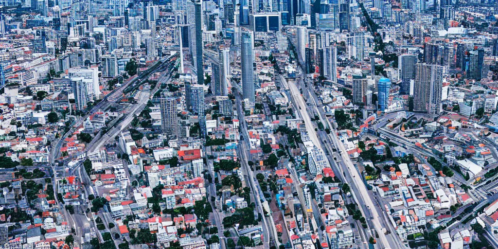 Prompt: drone view of a city with a large highway through, Brutalist architecture,sharp focus,telephoto lens,digital art,James Paick 4k