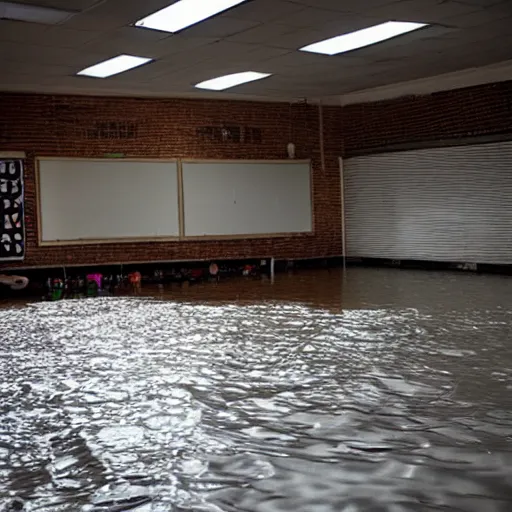 Prompt: photo of a middle school classroom, the floor is flooded with one meter deep water. eerie