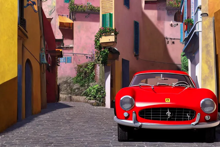 Prompt: a wholesome animation key shot of!! one!! focused!! ferrari 2 5 0 gt!! in beautiful cinque terre italy street, medium shot, studio ghibli, ( pixar ) and disney animation, sharp, very detailed, high resolution, rendered in unreal engine 5, anime key art by greg rutkowski, bloom, dramatic lighting