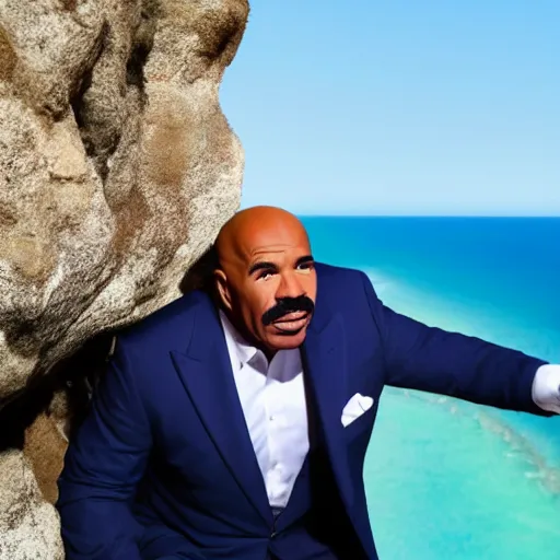 Prompt: Steve harvey hanging off the edge of a blue cliff