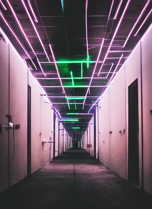 Prompt: a view of a dark corridor with cyberpunk neon lights, depth of field photo by yi insang, unsplash, video art, 8 k wallpaper, cinematic view