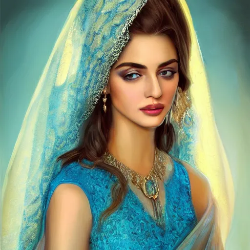 Prompt: detailed painting of a beautiful young Arab woman wearing a blue dress with veil by Stanely Artgerm, bright blue eyes, gold jewellery, long pearly wavy black hair, majestic, beauty, dramatic light, turquoise color scheme, face portrait, hyper realistic, fantasy, hdr, Trending on Artstation