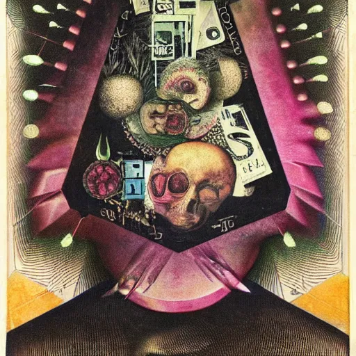 Image similar to post - punk new age album cover, asymmetrical design, frame of a dollar bank notes, capitalism, magic, apocalypse, psychedelic, black white pink, magic, giger h. r., giuseppe arcimboldo