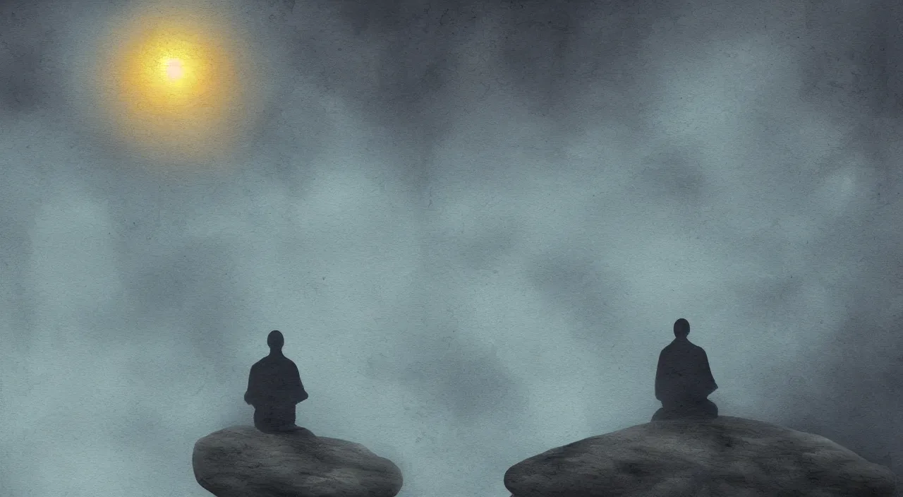 Image similar to visionary art painted style a lonely silhouette of a meditating monk sitting in the fog on a stone protruding from the water in the rays of the morning sun