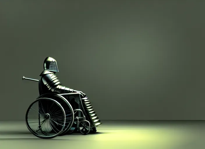 Image similar to knight in armor in a wheelchair do tricks, minsk, highly detailed, soft lighting, elegant, works by edward hopper and james gillard, zdislaw beksinski, stephen outram, andreas m wiese, highly detailed, masterpiece. rendered in blender, smooth shadows, ultra detail, high resolution, unreal 6, 8 k