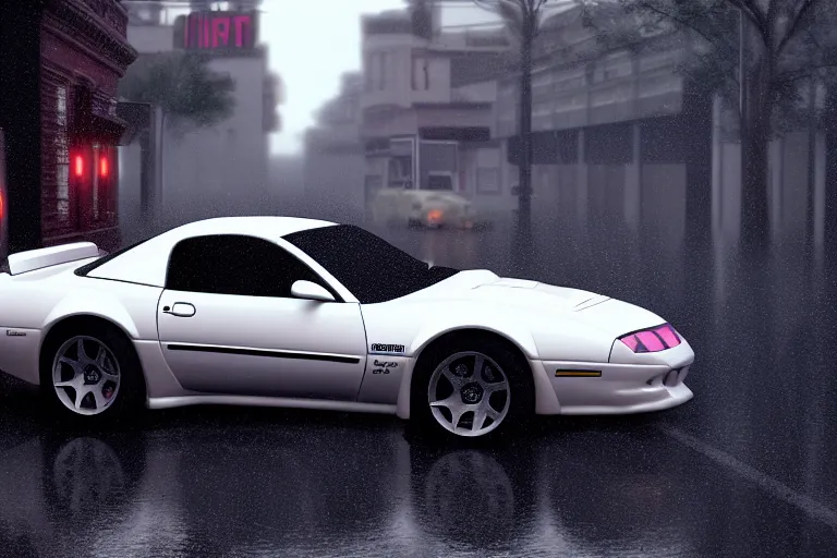 Image similar to hyperdetailed, photorealistic photograph of a 2 0 0 2 pontiac firebird trans - am drifting in the streets, rain, night, dense fog, hd, unreal engine 5 by greg rutowski, by stanley artgerm, by alphonse mucha