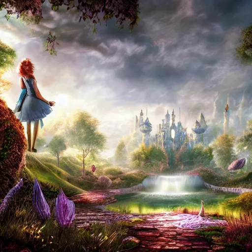 Image similar to photorealistic fantasy concept art of the world of Alice and wonderland landscape, dynamic lighting, magical, mysterious, hyperrealism, 8k resolution, HD quality