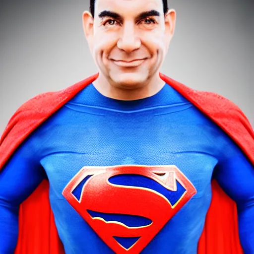 Prompt: photo of superman with the face of benjamin netanyahu, benjamin netanyahu as superman, bibi netanyahu dressed as superman, professional photography, studio lighting