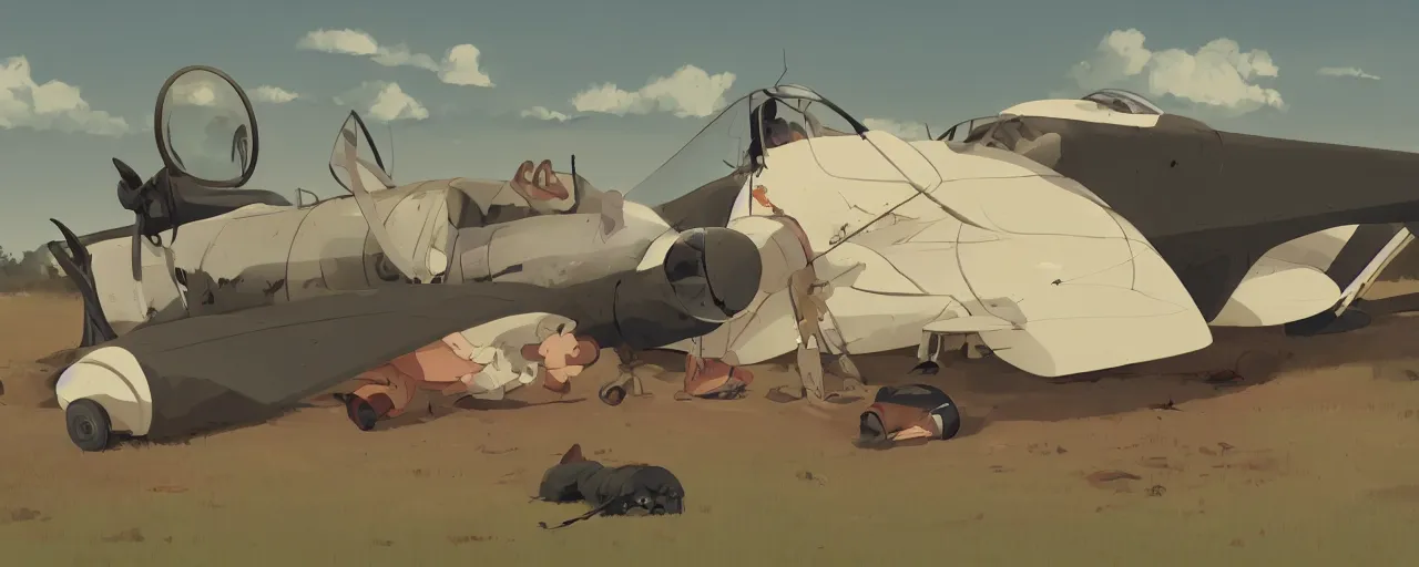 Image similar to dead baby seal dressed as a pilot from the 1 9 3 0 s, on the ground next to a crashed japanese zero plane, atey ghailan, goro fujita, studio ghibli, rim light, harsh bright lighting, clear focus, very coherent