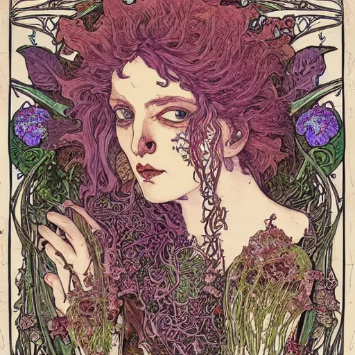 Image similar to a beautiful detailed front view portrait of a rotten woman corpse with fractal plants and fractal flowers and mushrooms growing around, symmetrical, ornate, ornamentation, illustration, in the style of art nouveau, mucha