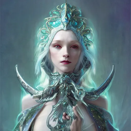 Image similar to an epic concept art of a handsome androgynous snow elf in a turquoise cape and glittering silver ornate armour stringing a bow, albino skin, winter vibes, evocative dramatic mood, intricate, elegant, by tomasz alen kopera and alphonse mucha, sharp focus, octane render, unreal 5, trending on artstation