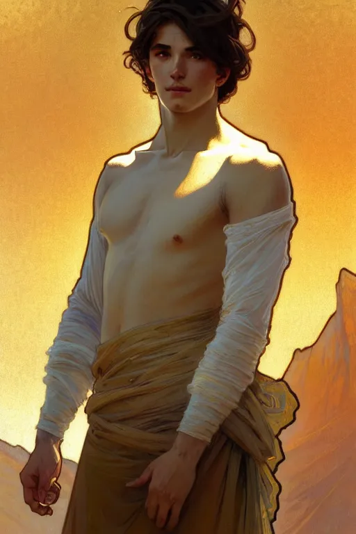 Prompt: full figure beautiful young man, luminous scene, by greg rutkowski and alphonse mucha, d & d character, gradient white to gold, in front of a dune desert background, highly detailed portrait, digital painting, artstation, concept art, smooth, sharp focus illustration, artstation hq