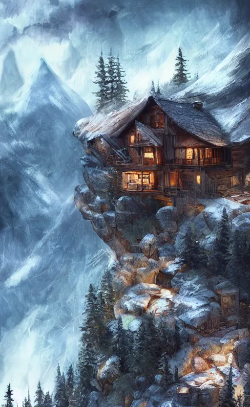 Image similar to cabin high on a mountain, the valley beneath, dynamic lighting, photorealistic fantasy concept art, trending on art station, stunning visuals, creative, cinematic, ultra detailed