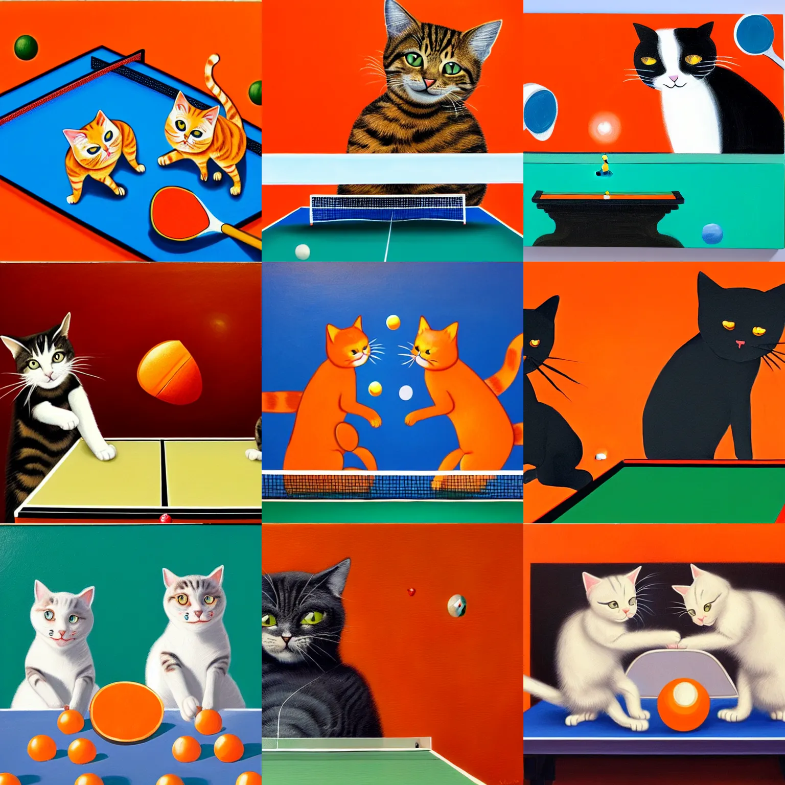 Prompt: a detailed picture of two cats playing ping - pong, orange background, oil painting