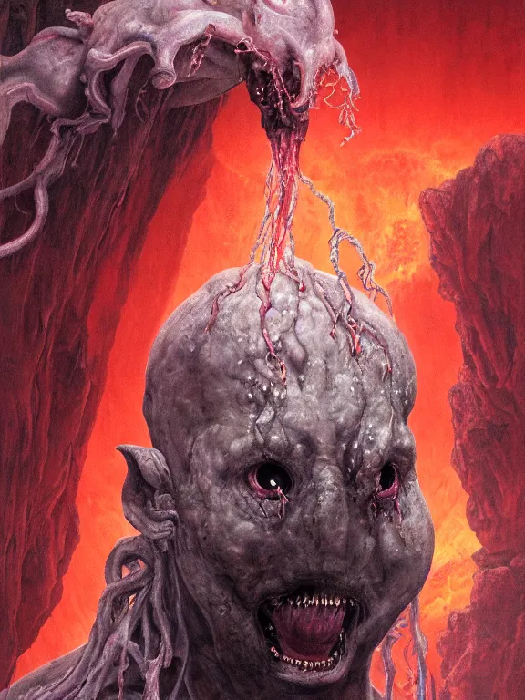 Image similar to wayne barlowe painting of a flying sorrowful looking severed human head with tears running down it's eyes, face that is chalk white in color, with long white tentacles stemming from it's neck, fiery scorching red eyes, background sprawling terrifying hellish cave with lava flowing through it's walls, 4 k