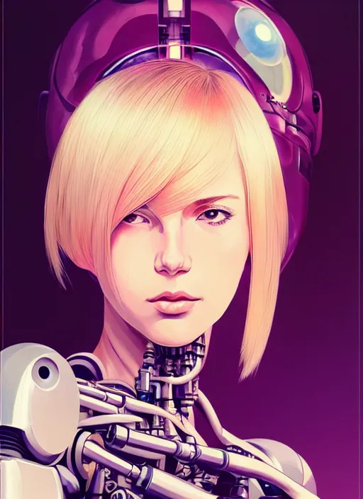 Image similar to side portrait of blonde cyborg girl with robotic parts | | head only in center of image, audrey plaza, fine detail!! anime!! realistic shaded lighting!! poster by ilya kuvshinov katsuhiro otomo ghost - in - the - shell, magali villeneuve, artgerm, jeremy lipkin and michael garmash and rob rey