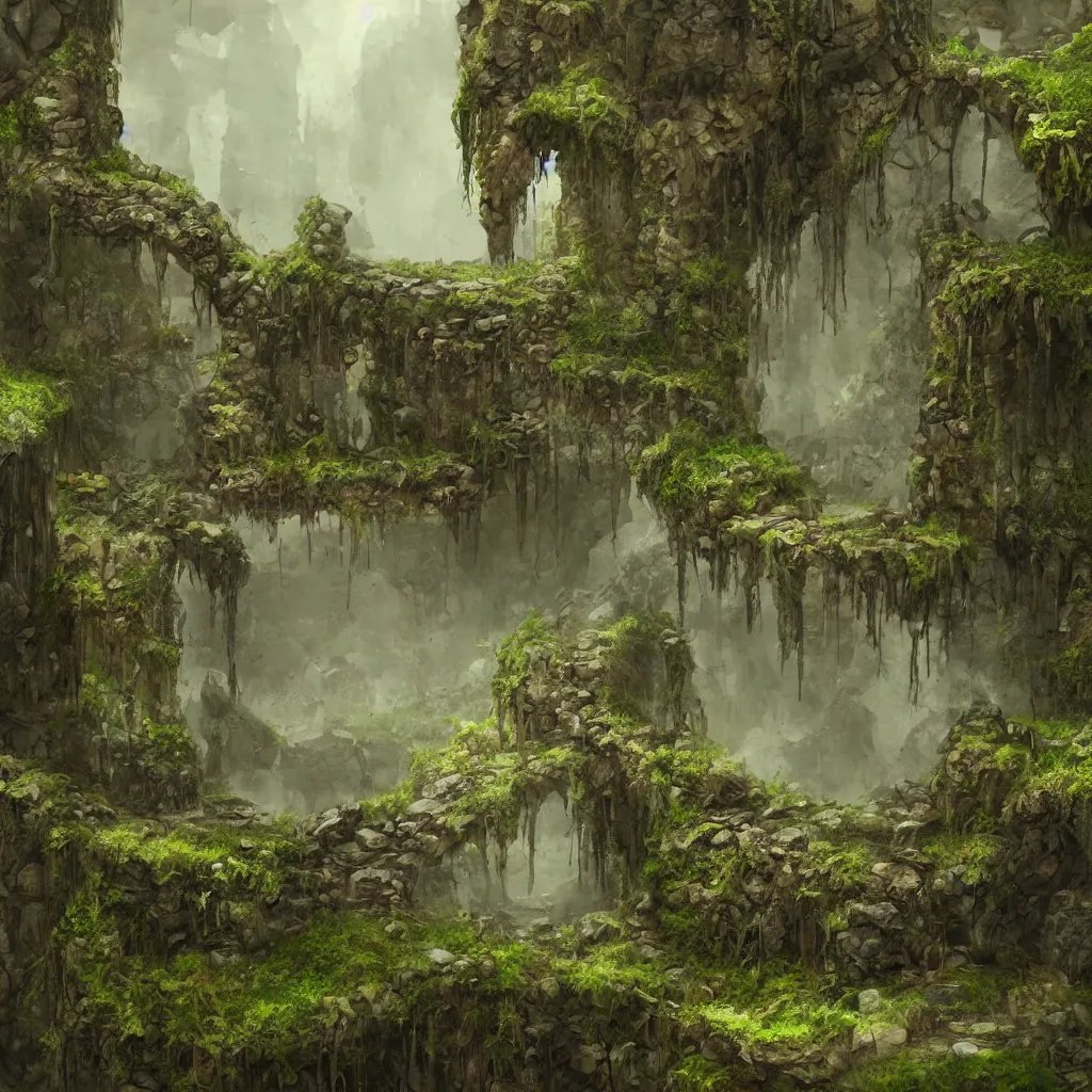 Prompt: an ancient dungeon with stone walls, stagnant water, mossy overgrowth, soft ambient lighting, trending on artstation, fantasy ruins