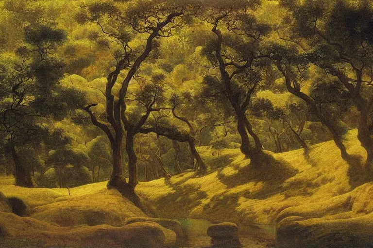 Prompt: masterpiece painting of oak trees on a hillside overlooking a creek, dramatic lighting, by elihu vedder