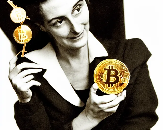 Image similar to ayn rand holding a golden bitcoin, commercial stock photo by annie liebovitz, j. c. leyendecker