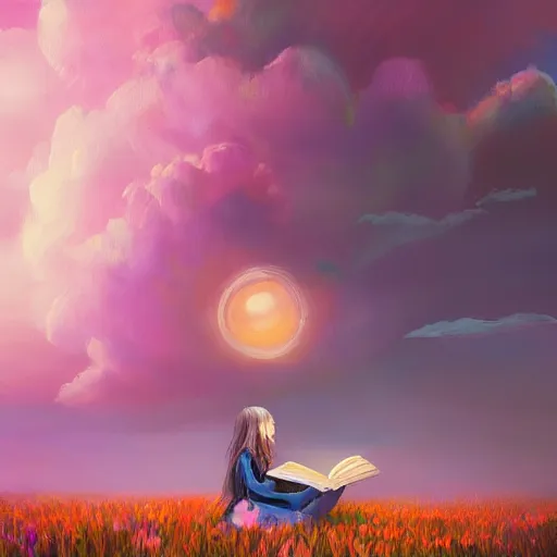 Image similar to a girl reading a book, her hair flowing down, surreal photography, sunrise dramatic light, impressionist painting, colorful clouds, large sky, digital painting, artstation, simon stalenhag, flower face