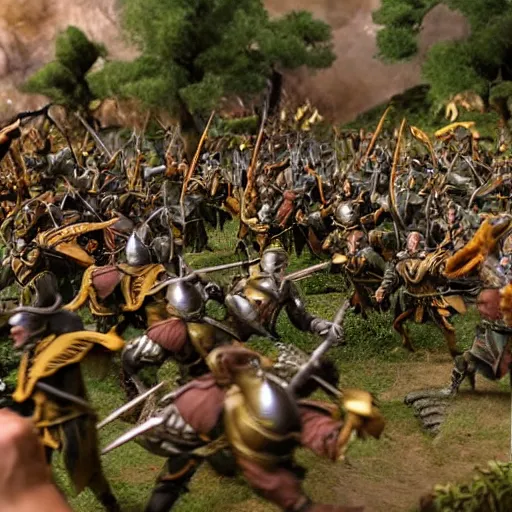 Prompt: photo taken of an epic battlefield diorama designed by weta workshops, an army of high elves battling a horde of orcs, with highly detailed 3 d printed characters, wide shot, photorealistic, sharp focus, f 0. 4, golden ratio, golden hour