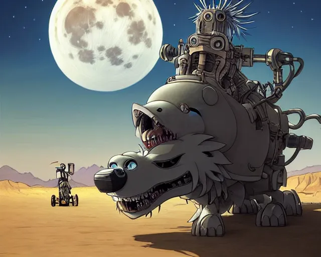 Image similar to a cell shaded grey lovecraftian mechanized wolf from howl's moving castle ( 2 0 0 4 ), with a big head, on a desert road, wide shot, in front of a big moon, muted colors, post grunge, josan gonzales, wlop, by james jean, victor ngai, hq, deviantart, art by artgem