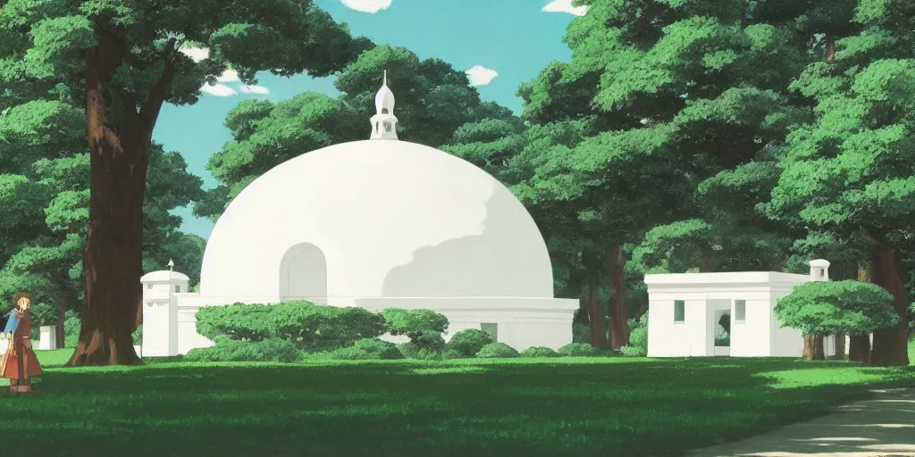 Image similar to A mysterious and godly domed white building in a city park, by Studio Ghibli and Edward Hopper