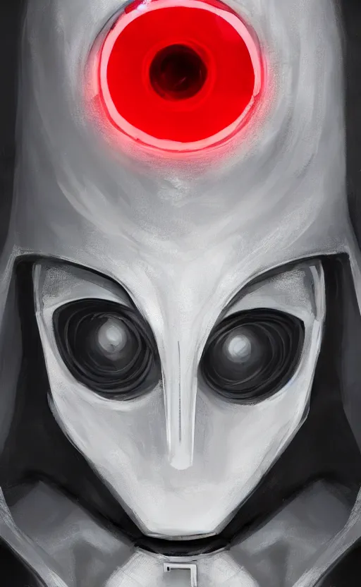 Image similar to face portrait of a robot in an all white hood and robe, with red glowing eyes, dynamic lighting, fantasy concept art, trending on art station, stunning visuals, creative, cinematic, ultra detailed