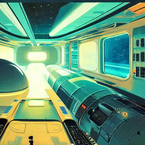 Image similar to aboard the international space station, teal lighting, cozy lighting, space seen outside from a window, by Syd Mead, John Harris, Federico Pelat