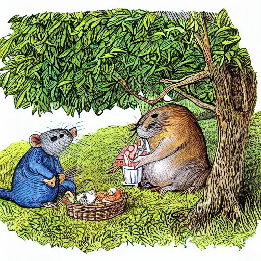 Prompt: “mole and water rat having a picnic under a tree on the river bank, coloured storybook illustration from wind in the willows, by sir John tenniel”