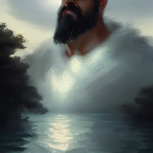 Image similar to zeus portrait, dramatic light, lake background, 2 0 0 mm focal length, painted by stanley lau, painted by greg rutkowski, painted by stanley artgerm, digital art, trending on artstation