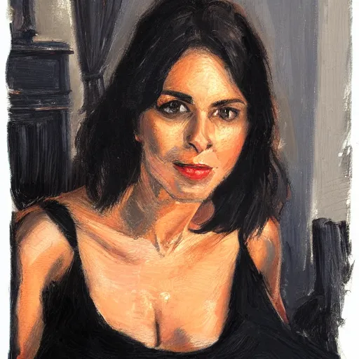 Prompt: Ground Level Shot, medium shot of a dark haired woman wearing a black dress, on a bed. by fabian perez