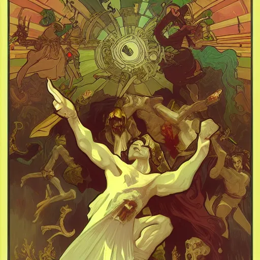 Prompt: a necromancer is fighting a horde of demons with magic, medium level shot , epic fight scene, Alphonse Mucha style , Grim fantasy, illustration ,concept art,