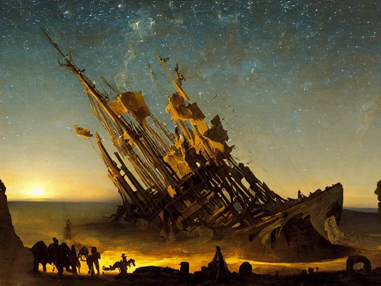 Image similar to an oil painting of an ancient shipwreck in the middle of an alien desert at dusk, aurora and stars light up the sky by carl spitzweg and tuomas korpi. baroque elements, full-length view. baroque element. intricate artwork by caravaggio. Trending on artstation. 8k