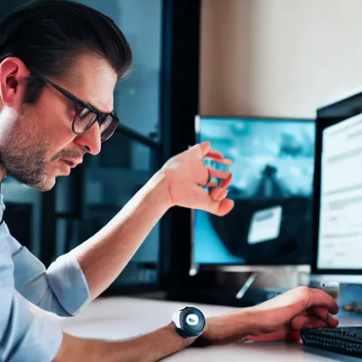 Image similar to annoyed man waiting for a friend in front of a computer pointing on his watch