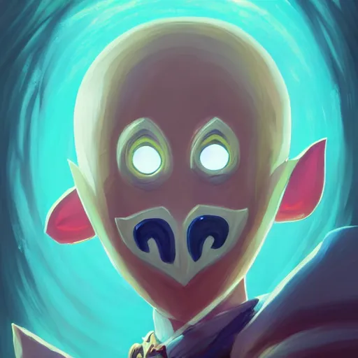 Image similar to a portrait of the happy mask salesman from the legend of zelda, art by lois van baarle and loish and ross tran and rossdraws and sam yang and samdoesarts and artgerm and saruei and disney, digital art, highly detailed, intricate, sharp focus, trending on artstation hq, deviantart, unreal engine 5, 4 k uhd image