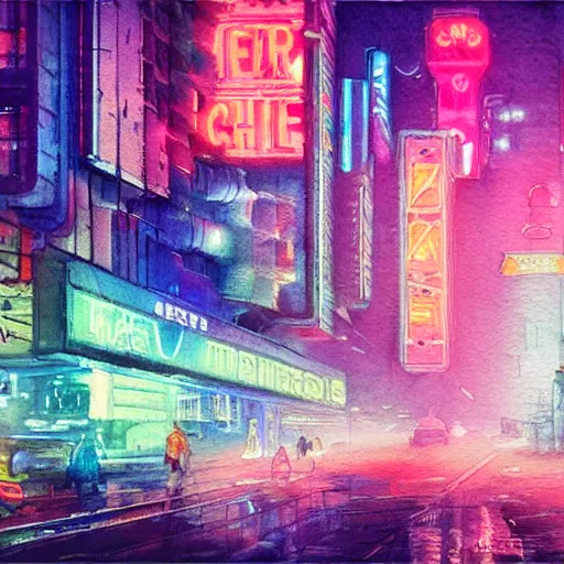 Prompt: an impressionist watercolor painting of a cyberpunk dystopian city with a lot of neon signs