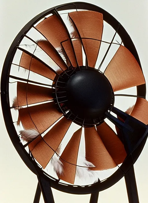 Image similar to realistic photo of a a medieval ritual chemistry appliance model fan, made of wood white clay and fur with black wires 1 9 9 0, life magazine reportage photo, natural colors, metropolitan museum collection