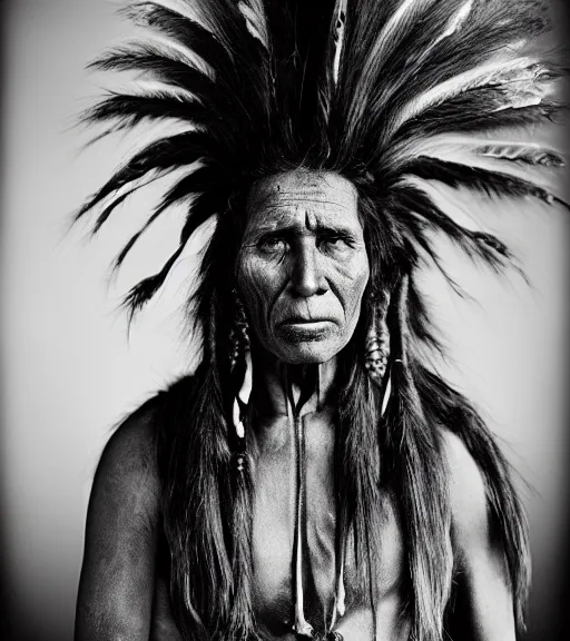 Image similar to Award winning Editorial photo of a Native Iroquois with incredible hair wearing traditional garb by Edward Sherriff Curtis and Lee Jeffries, 85mm ND 5, perfect lighting, gelatin silver process