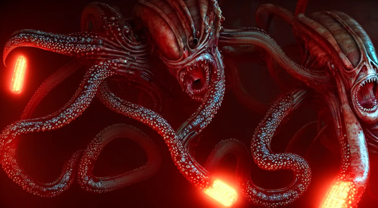 Image similar to gary busey, tentacles, horror video game, sci fi horror, alien ( 1 9 7 9 ), body horror, unreal engine, octane render, depth of field, cycles render, hd