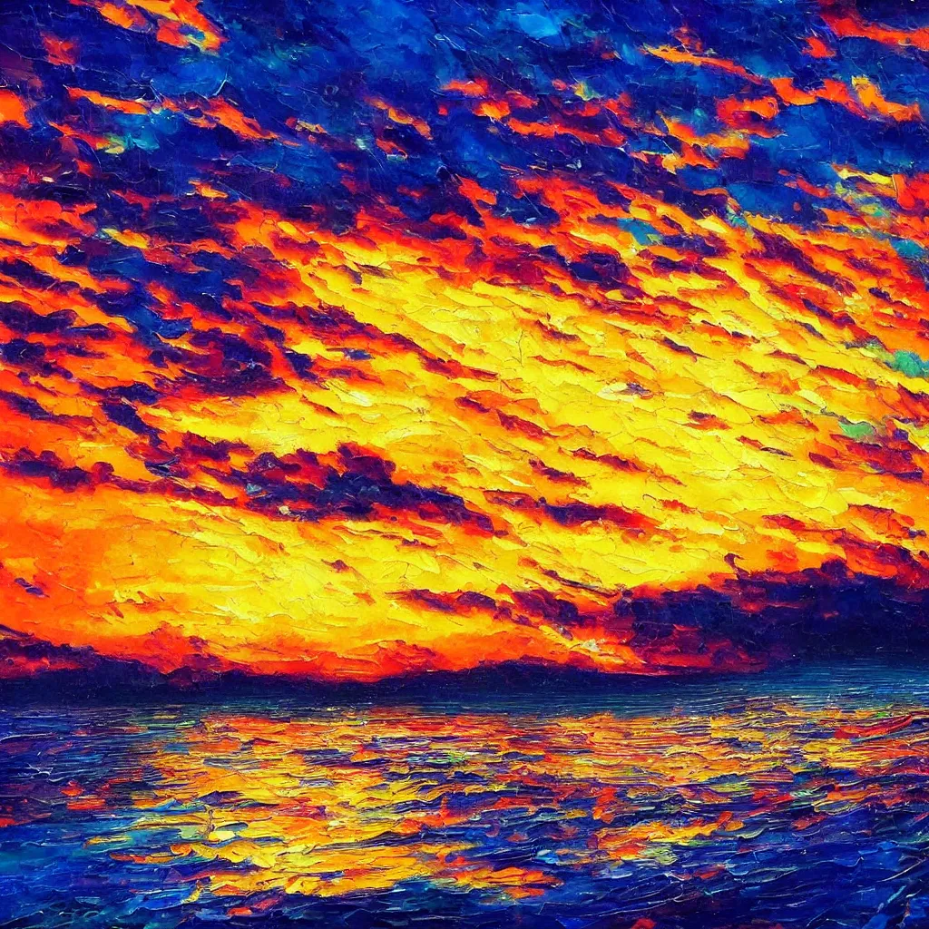 Image similar to an impasto oil painting of a stunning, colorful sunset painted by ken hong leung