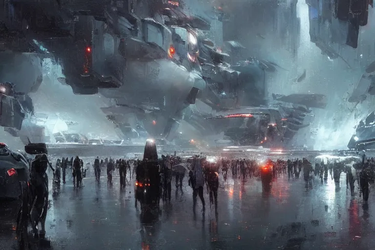 Prompt: sci - fi landscape dark spaceships docking overcast rainstorm!!!!! crowds by wadim kashin