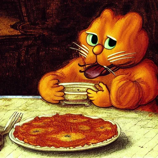 Image similar to garfield eating lasagna by leonardo davinci