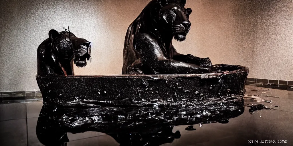 Prompt: the black lioness made of tar, bathing in the bathtub filled with tar, dripping tar, drooling goo, sticky black goo, photography, dslr, reflections, black goo, rim lighting, cinematic light, chromatic, saturated, slime, modern bathroom