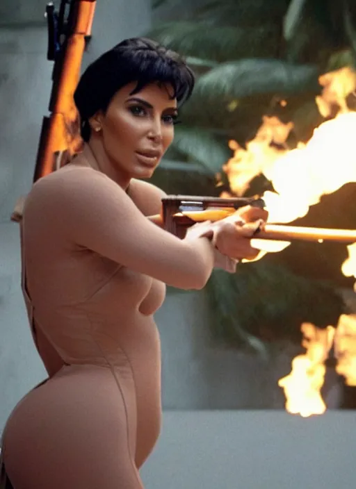 Image similar to film still of kim kardashian as Tony Montana firing a rifle in Scarface, cinematic lighting, finale scene