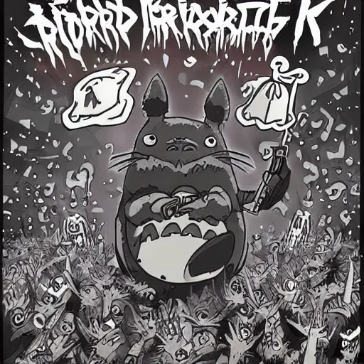 Image similar to totoro in a black metal band in a concert, dressed like band metal marduk, mayhem, burzum, immortal, a crowd cheering, a drummer, electric guitar, sparkles all around, fantasy digital art, wow, stunning, ghibli style, hight quality