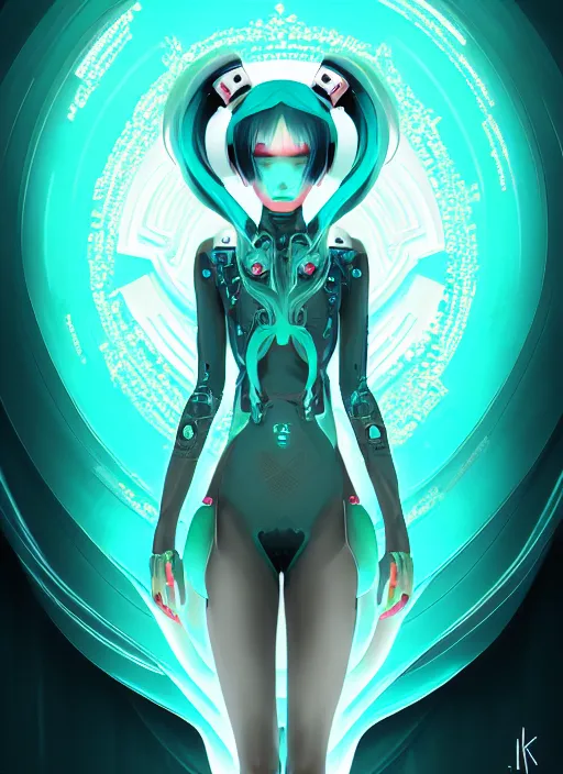 Image similar to symmetry!! portrait of hatsune miku, sci - fi, tech wear, intricate, elegant, highly detailed, digital painting, artstation, concept art, smooth, sharp focus, illustration, anato finnstark, anna kovalevskaya, pablo hurtado de mendoza, marton gyula kiss ( kimagu )