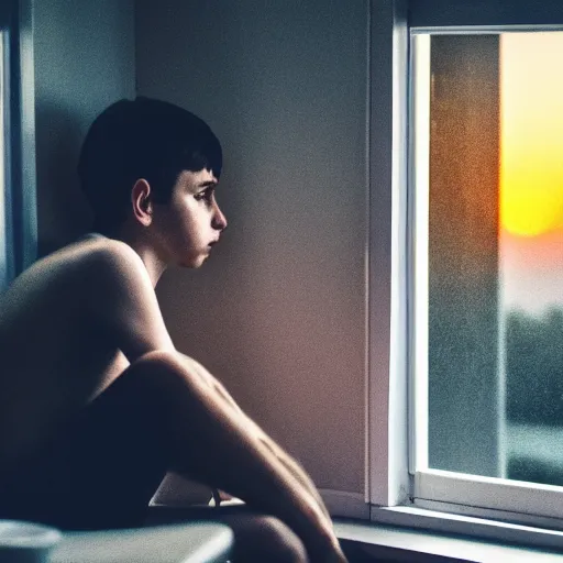 Prompt: a boy, 2 5 years old, numb, hopeless, sitting alone in front of the window, evening time, gloomy, sunset, boy staring at the window, very sad emotion, extremely realistic, 4 k, hd