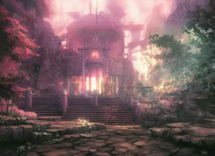 Image similar to Fantasy fire temple. hidari, color page, tankoban, 4K, tone mapping, Akihiko Yoshida.